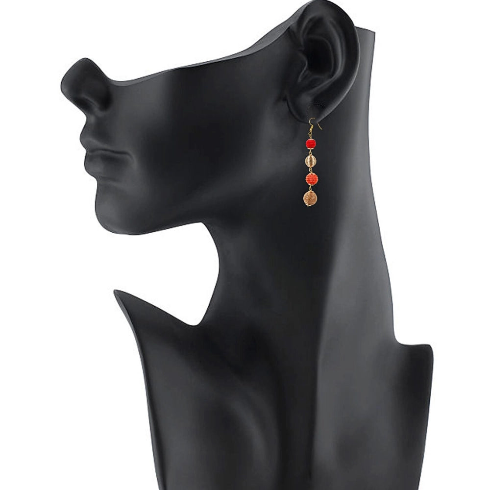 Women's Gold Plated Hook Dangler Hanging Tassel Earrings-Golden,Red