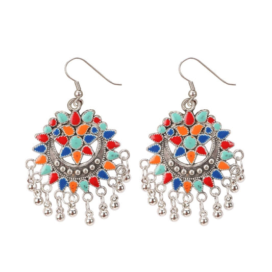 Women's Oxidize Silver plated Hook Dangler Hanging Afgani Earrings-Multicolour