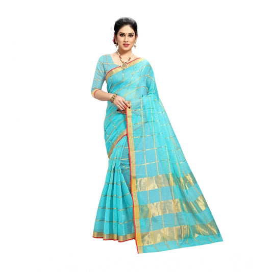 Women's Kota Doria Cotton Saree With Blouse (Sky Blue,6-3 Mtrs)