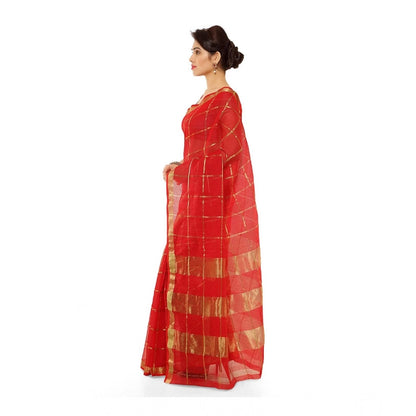 Women's Kota Doria Cotton Saree With Blouse (Red,6-3 Mtrs)