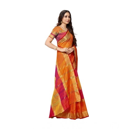 Women's Kota Doria Cotton Saree With Blouse (Orange,6-3 Mtrs)