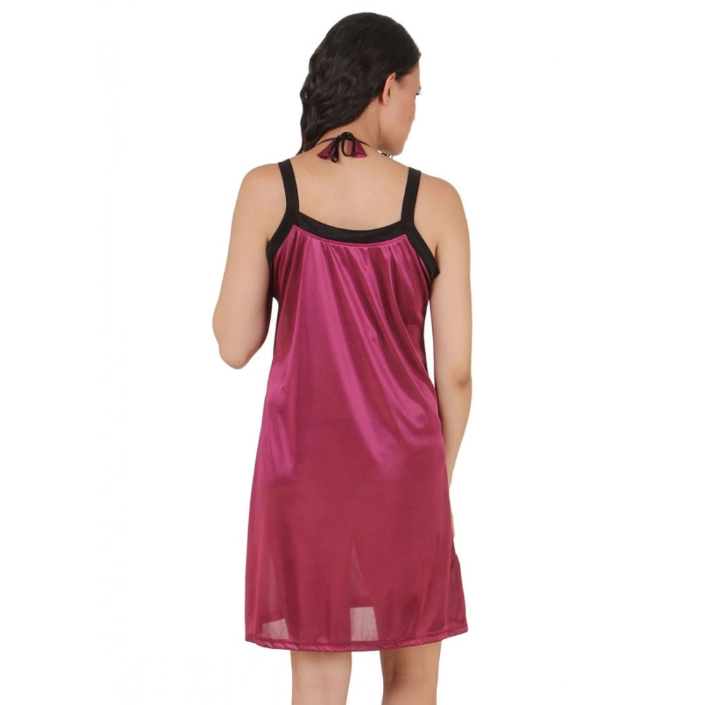 Women's Satin Short Nighty with Sleeve Less(Color: Dark Wine and Black, Neck Type: Square Neck)