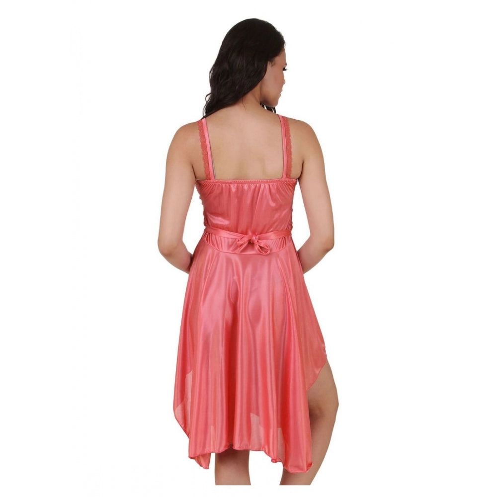 Women's Satin Short Nighty with Sleeve Less(Color: Coral Pink, Neck Type: Square Neck)