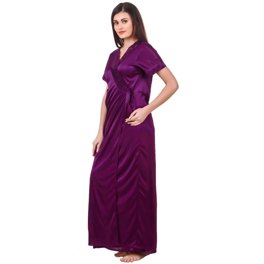 Women's Satin 2 PCs Set of Nighty And Wrap Gown with Half Sleeve(Color: Purple, Neck Type: Sweatheart Neck)