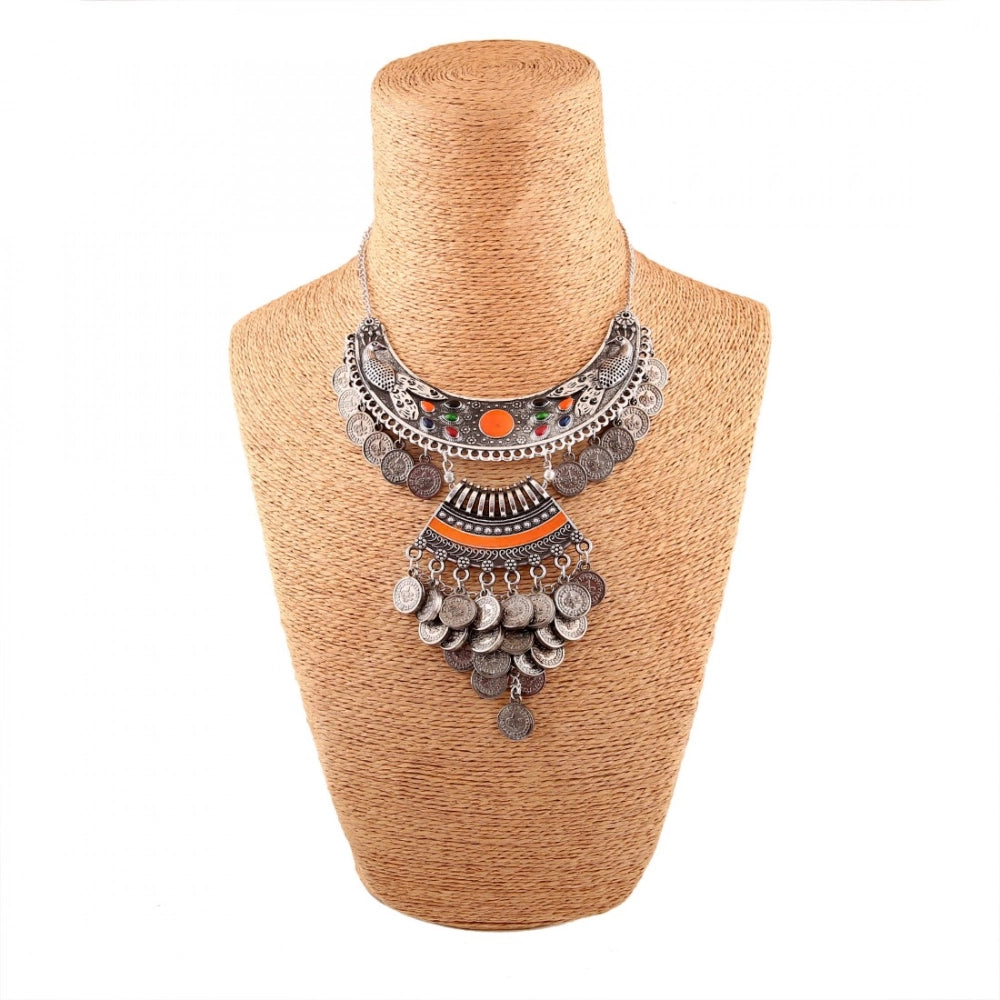 Designer Oxidised German Silver Tribal Necklace Pandeant Antique Necklace (Color: Silver)