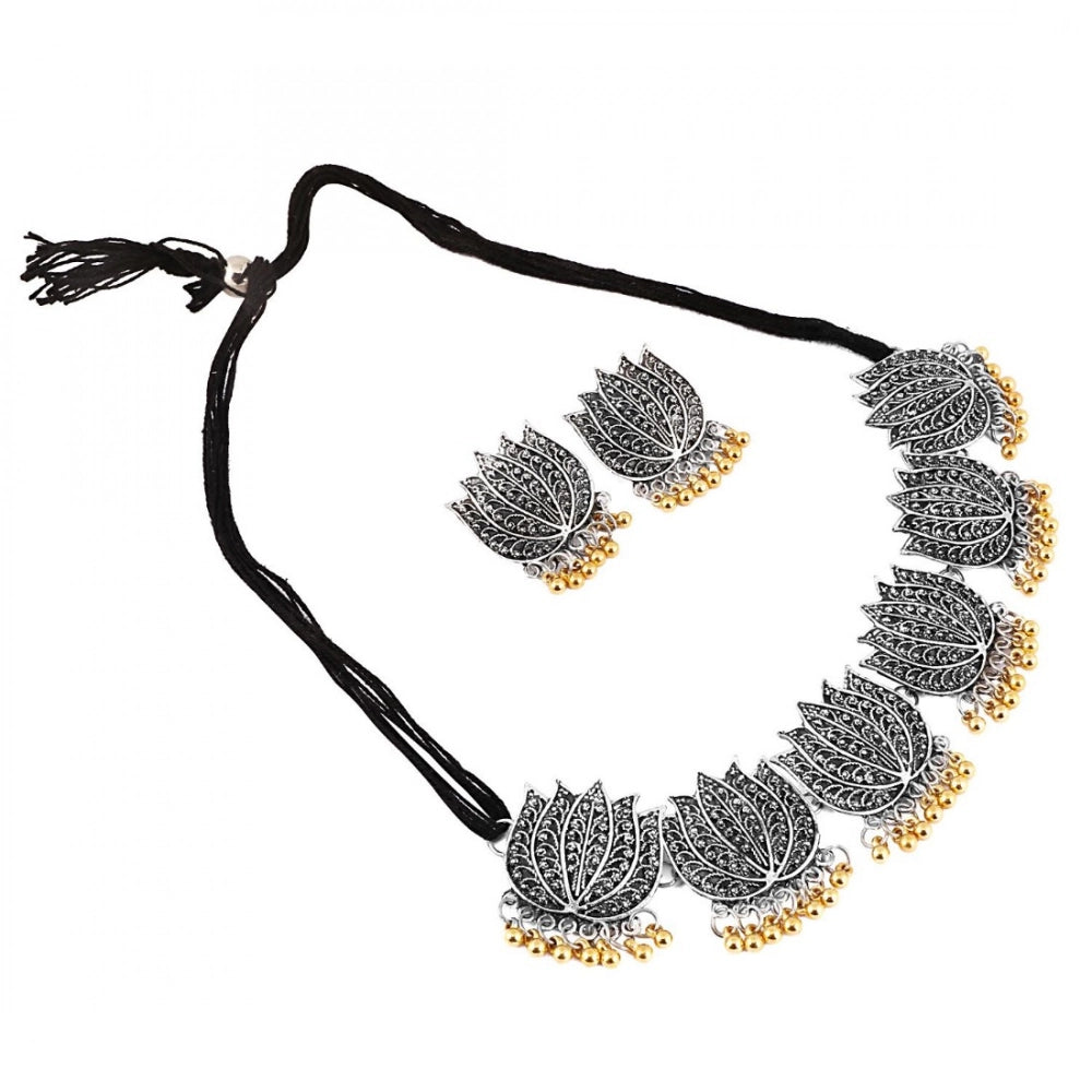 Antique Silver Oxidised Plated Tribal Afghani Necklace With Earrings Set For Women