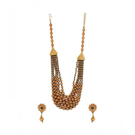 Women's Ethnic Five Layer Brass Mala With Crystal For Women And Girls (Green, Free Size)