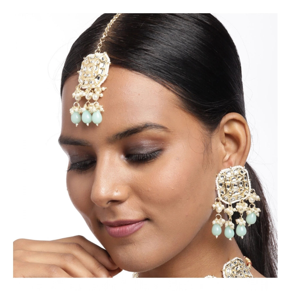 Women's Rose Gold Plated Alloy Kundan Earrings &amp; Mangtikka (White)