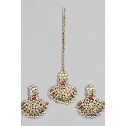 Women's Rose Gold Plated Alloy Kundan Earrings &amp; Mangtikka (White)