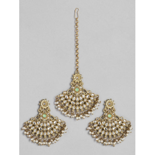 Women's Rose Gold Plated Alloy Kundan Earrings &amp; Mangtikka (White)