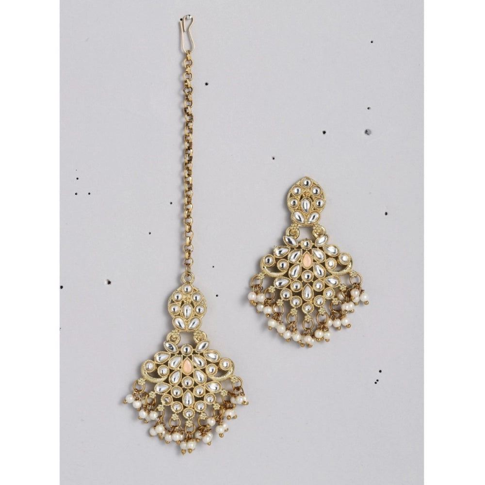 Women's Rose Gold Plated Alloy Kundan Earrings &amp; Mangtikka (White)