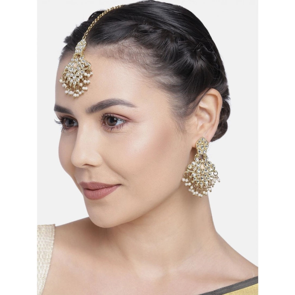 Women's Rose Gold Plated Alloy Kundan Earrings &amp; Mangtikka (White)