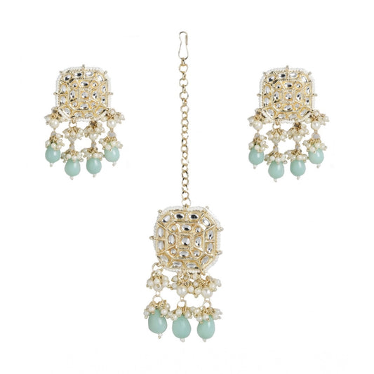 Women's Rose Gold Plated Alloy Kundan Earrings &amp; Mangtikka (White)