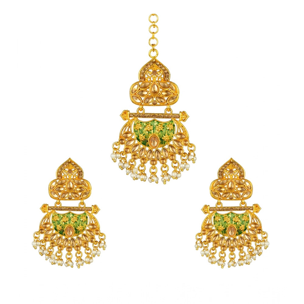 Women's Rose Gold Plated Alloy Kundan Earrings &amp; Mangtikka (Green)