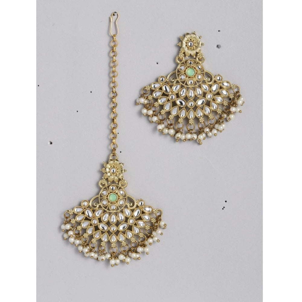 Women's Rose Gold Plated Alloy Kundan Earrings &amp; Mangtikka (White)