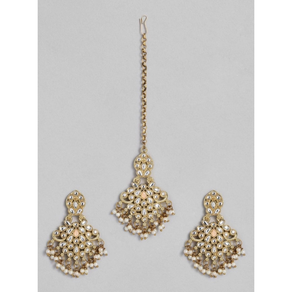 Women's Rose Gold Plated Alloy Kundan Earrings &amp; Mangtikka (White)