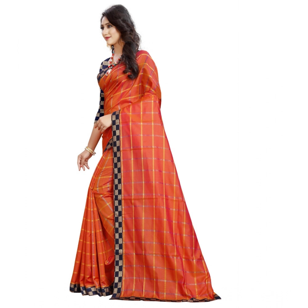 Women's Cotton Silk Checkered Saree With Unstitched Blouse 5.5Mtr (Orange)