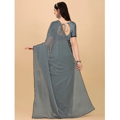 Women's Silk Blend Embellished Saree With Unstitched Blouse 5.5Mtr (Silver)