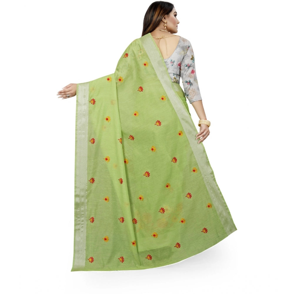 Women's Cotton Silk Embroidered Saree With Unstitched Blouse 5.5Mtr (Light Green)