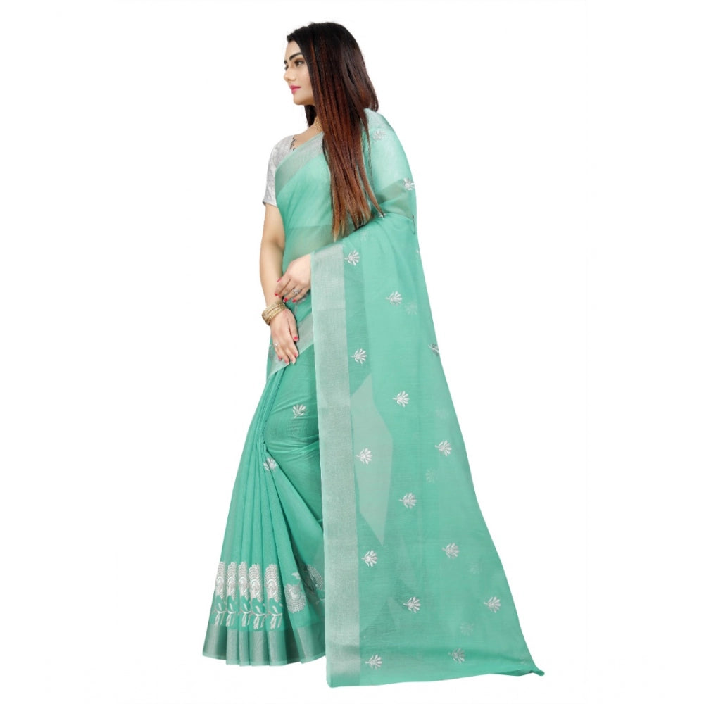 Women's Cotton Silk Embroidered Saree With Unstitched Blouse 5.5Mtr (Light Green)