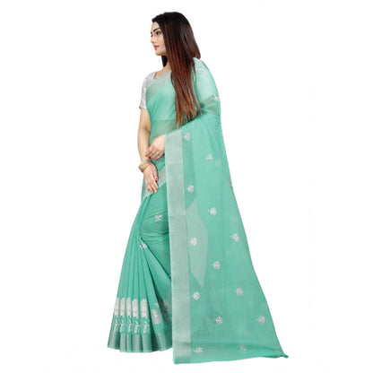 Women's Cotton Silk Embroidered Saree With Unstitched Blouse 5.5Mtr (Light Green)
