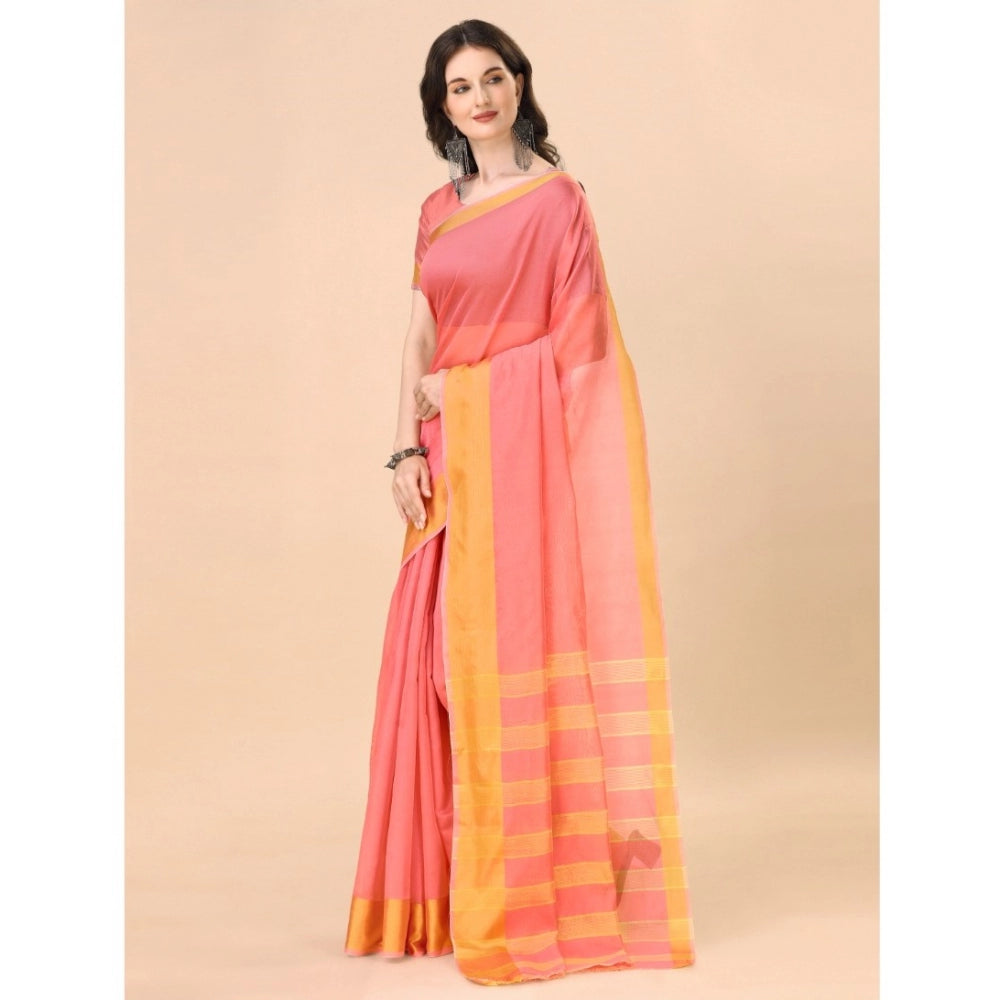 Women's Cotton Silk Striped Saree With Unstitched Blouse 5.5Mtr (Pink)