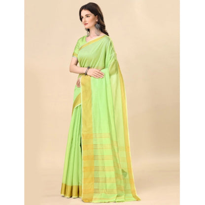 Women's Cotton Silk Striped Saree With Unstitched Blouse 5.5Mtr (Green)