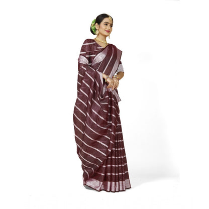 Women's Cotton Silk Striped Saree With Unstitched Blouse 5.5Mtr (Maroon)