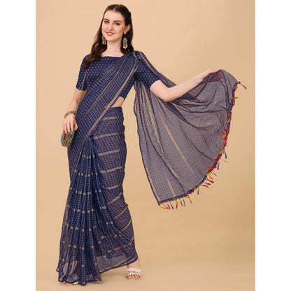 Women's Silk Blend Checkered Saree With Unstitched Blouse 5.5Mtr (Blue)