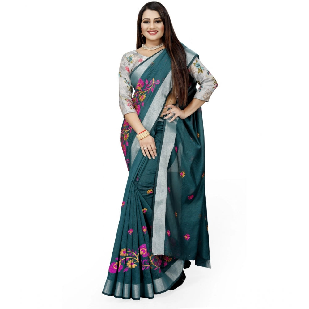 Women's Cotton Silk Embroidered Saree With Unstitched Blouse 5.5Mtr (Dark Green)