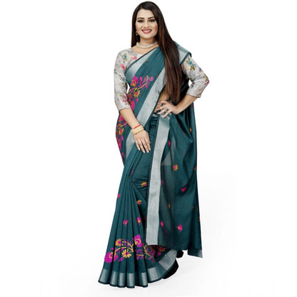 Women's Cotton Silk Embroidered Saree With Unstitched Blouse 5.5Mtr (Dark Green)