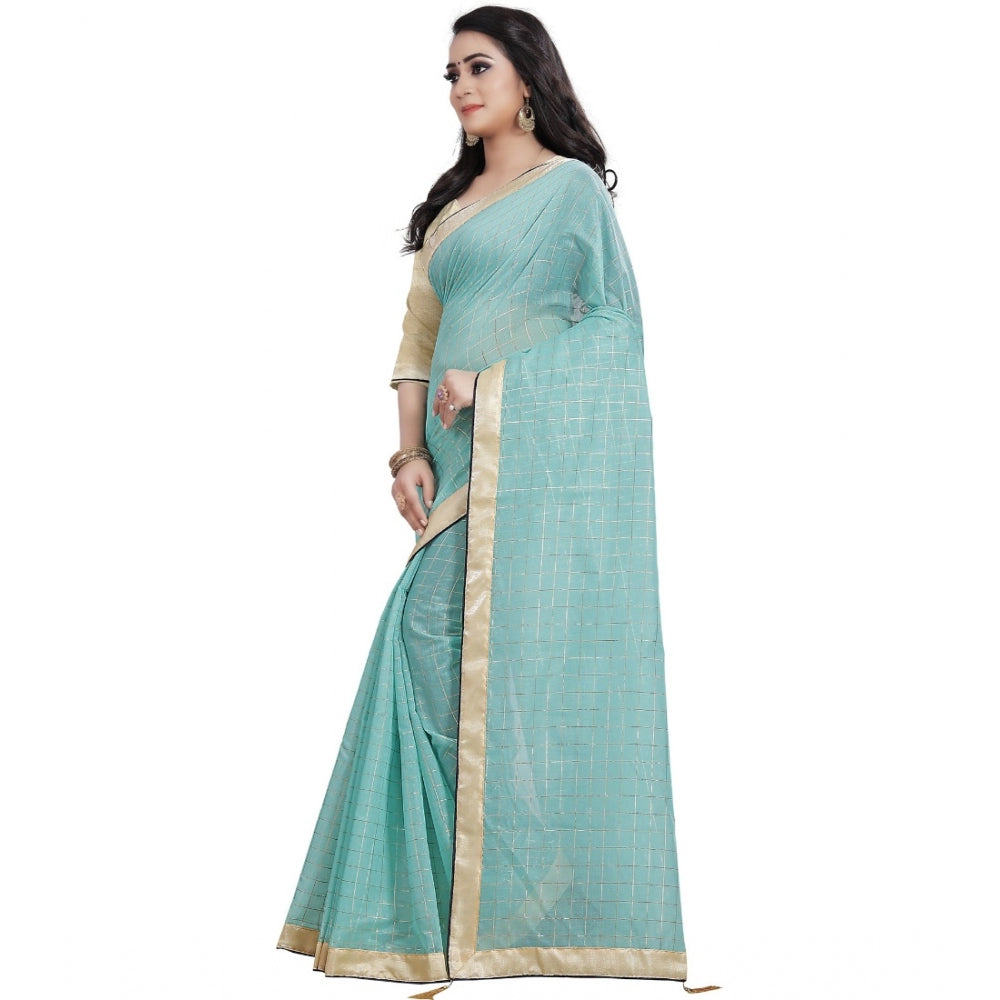 Women's Cotton Silk Checkered Saree With Unstitched Blouse 5.5Mtr (Blue)