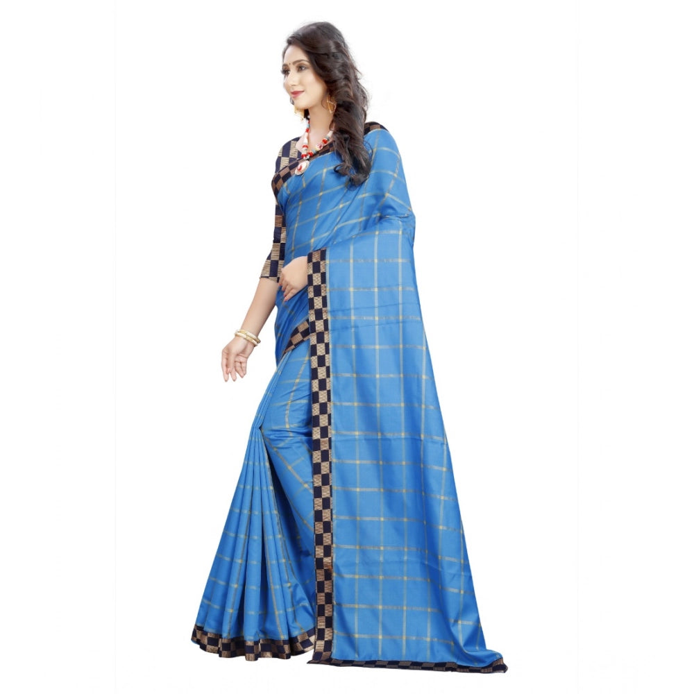 Women's Cotton Silk Checkered Saree With Unstitched Blouse 5.5Mtr (Light Blue)