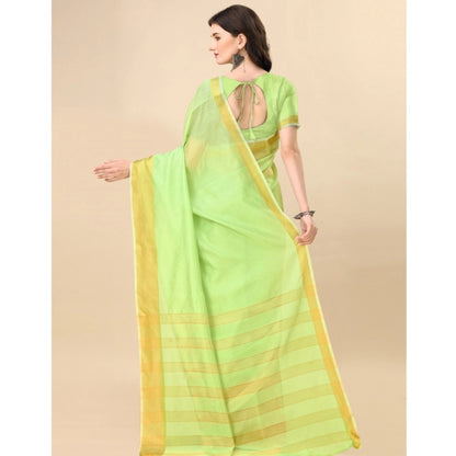Women's Cotton Silk Striped Saree With Unstitched Blouse 5.5Mtr (Green)