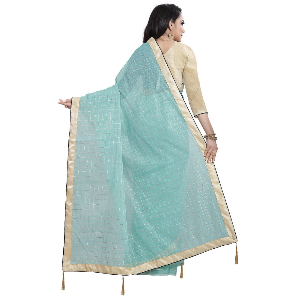Women's Cotton Silk Checkered Saree With Unstitched Blouse 5.5Mtr (Blue)