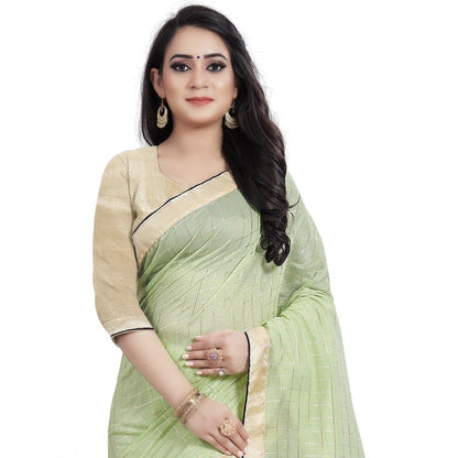 Women's Cotton Silk Checkered Saree With Unstitched Blouse 5.5Mtr (Light Green)