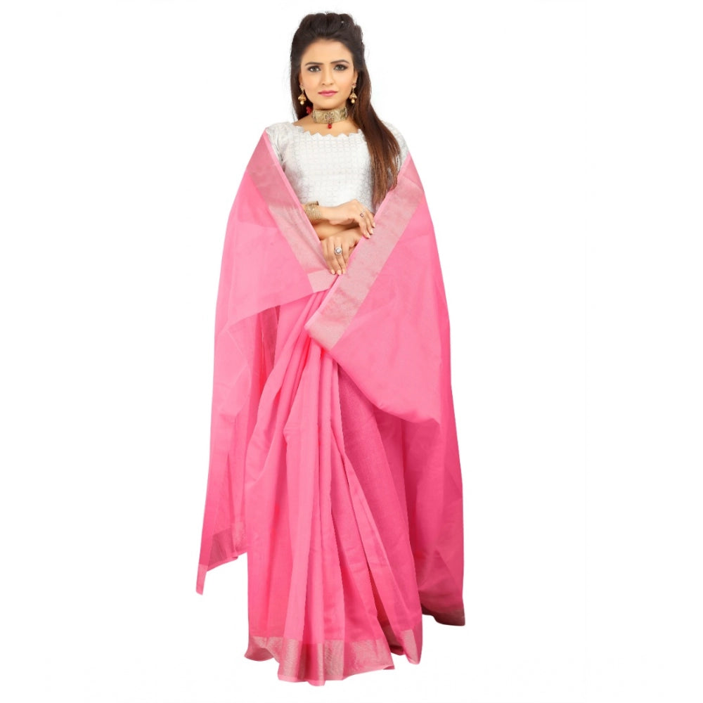 Women's Cotton Silk Self Design Saree With Unstitched Blouse 5.5Mtr (Pink)