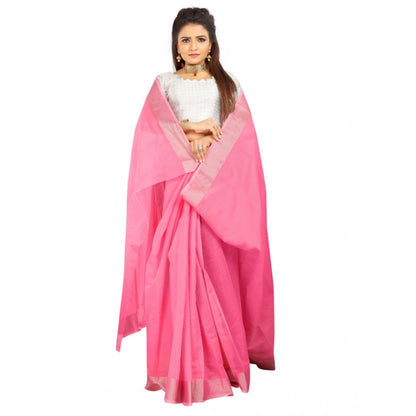 Women's Cotton Silk Self Design Saree With Unstitched Blouse 5.5Mtr (Pink)