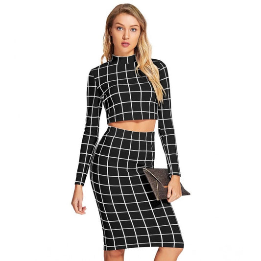Generic Women's Polyester Checkered Full Sleeves Stand Collar Crop Top Skirt Set (Black)