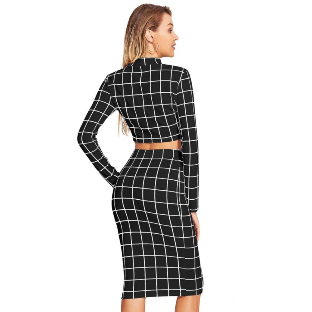 Generic Women's Polyester Checkered Full Sleeves Stand Collar Crop Top Skirt Set (Black)