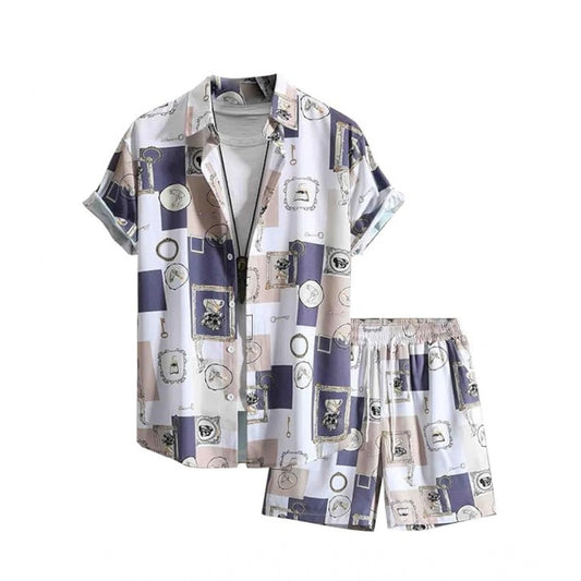 Generic Men's Lycra Printed Half Sleeve Shirt and Shorts Set (Purple)