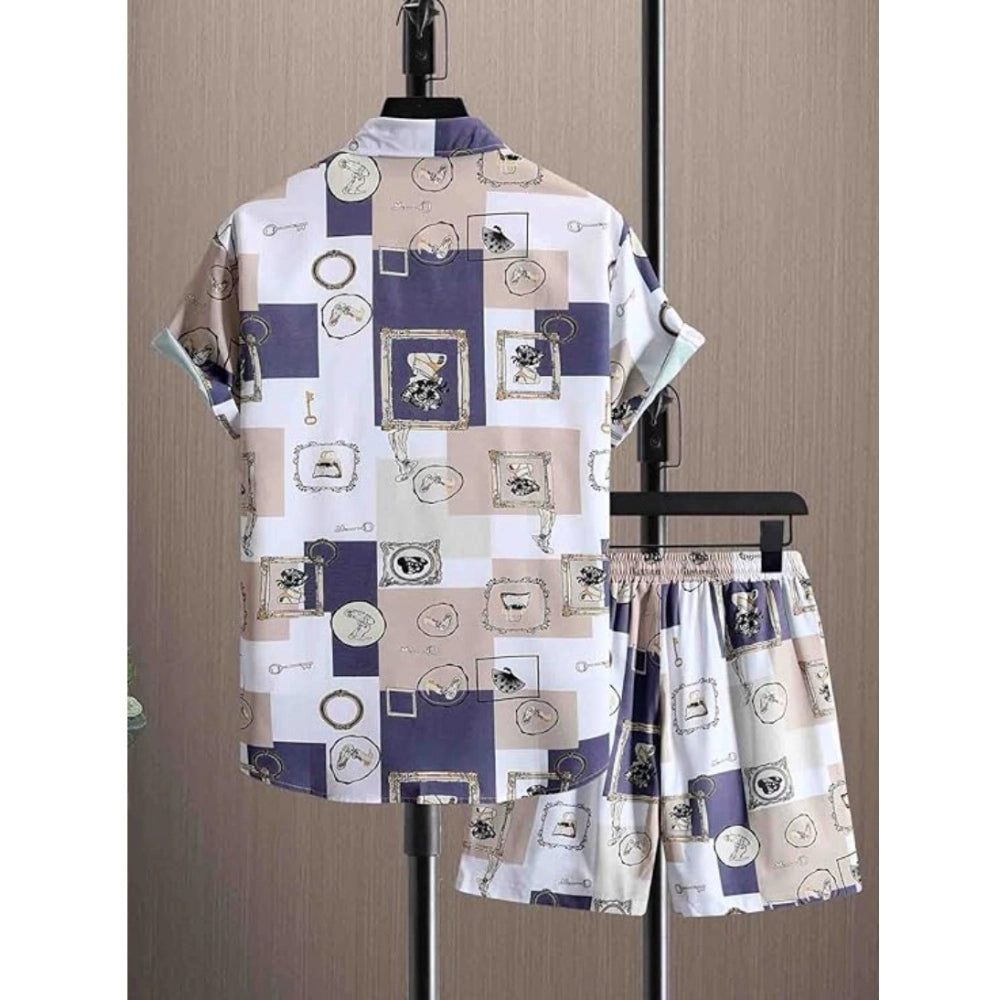 Generic Men's Lycra Printed Half Sleeve Shirt and Shorts Set (Purple)