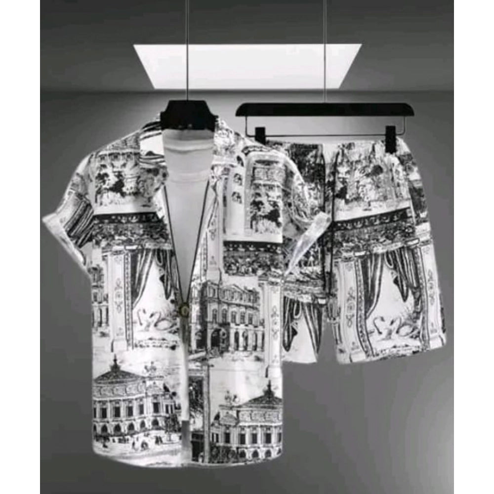 Generic Men's Lycra Printed Half Sleeve Shirt and Shorts Set (White)