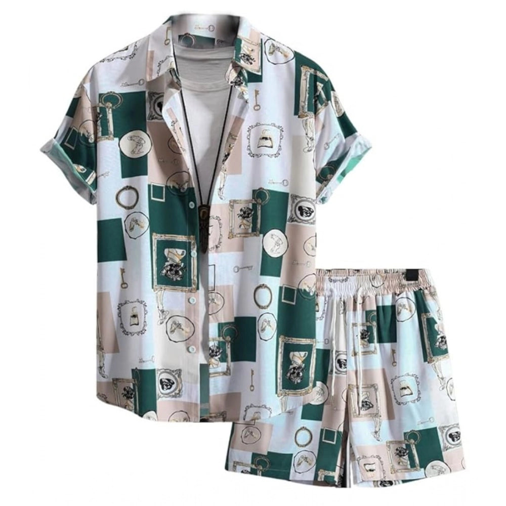 Generic Men's Lycra Printed Half Sleeve Shirt and Shorts Set (Green)