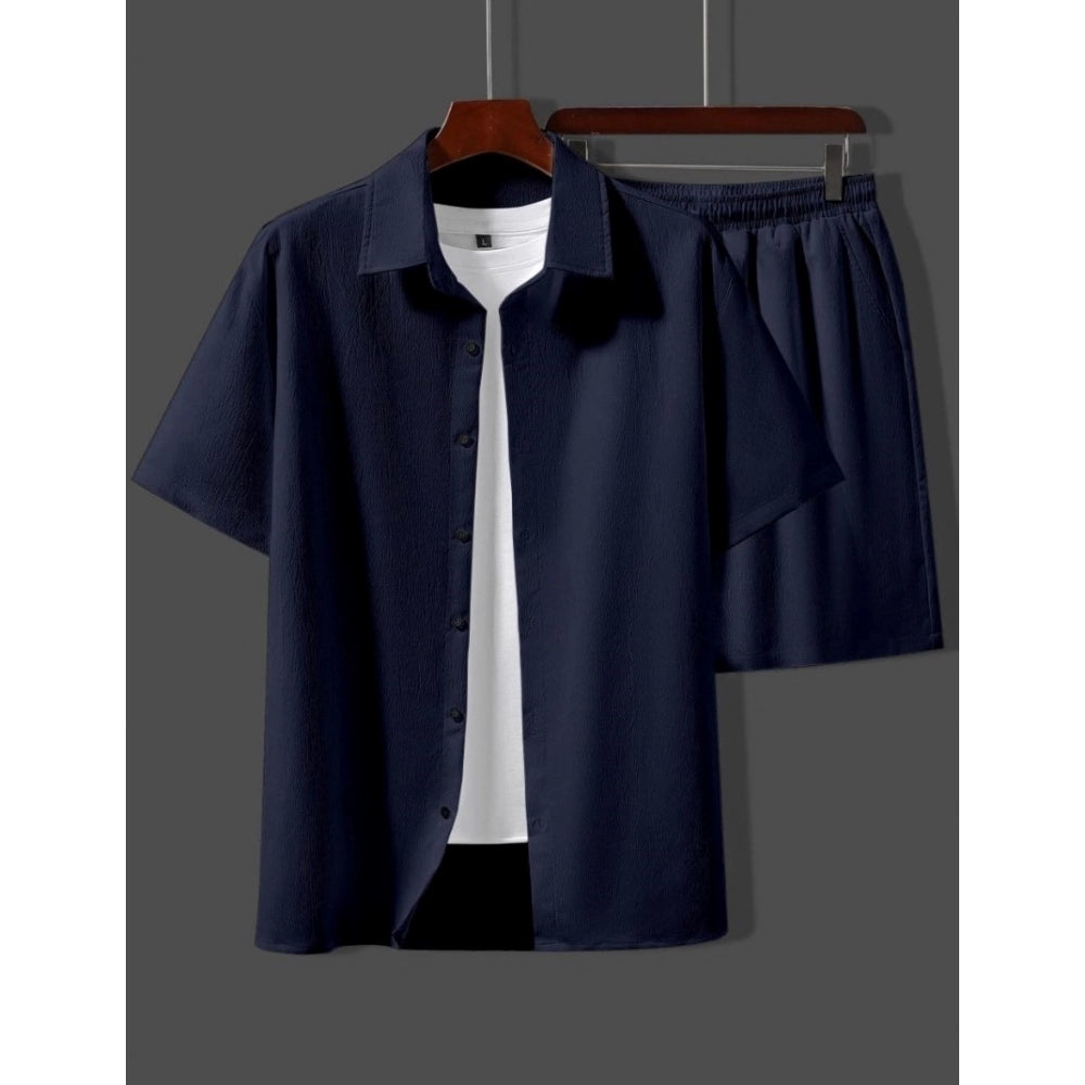 Generic Men's Popcon Solid Half Sleeve Shirt and Shorts Set (Dark Blue)