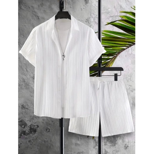 Generic Men's Popcon Striped Half Sleeve Shirt and Shorts Set (White)