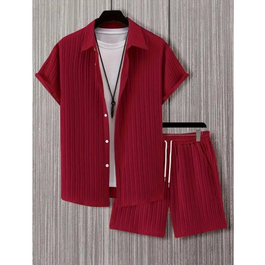 Generic Men's Popcon Striped Half Sleeve Shirt and Shorts Set (Maroon)