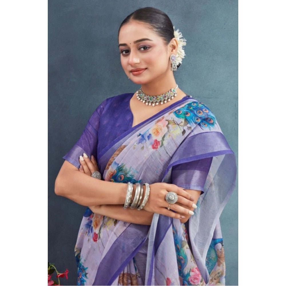 Women's Linen Floral Printed Saree With Unstitched Blouse 5.5Mtr (Purple)