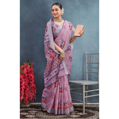 Women's Linen Floral Printed Saree With Unstitched Blouse 5.5Mtr (Purple)