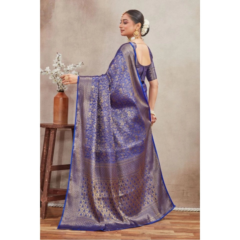 Women's Silk Blend Floral Printed Saree With Unstitched Blouse 5.5Mtr (Royal Blue)